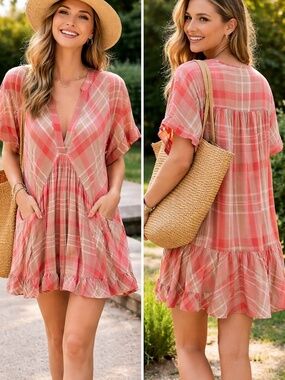 Free People Boho Plaid Flowy Dress – Size M, Lined, Pockets, Effortless Chic